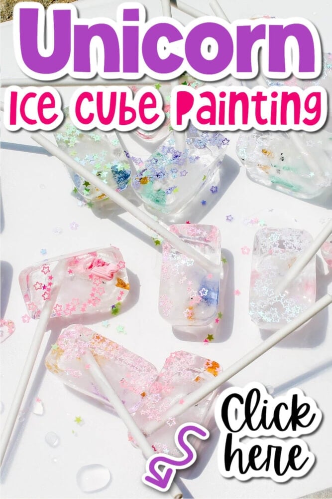overhead photo showing colorful unicorn ice cubes for a kids' painting activity.