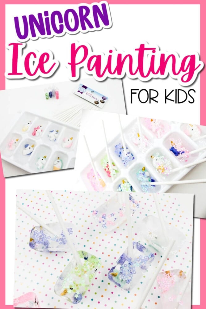 Easy Unicorn Ice Cube Painting for Summer 6 three photos of a unicorn ice painting activity for kids.