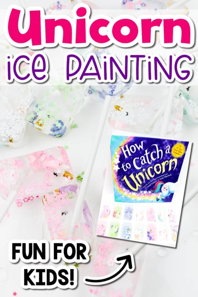a background photo shows unicorn ice cubes & a smaller overlaid photo shows a picture of the book "how to catch a unicorn."