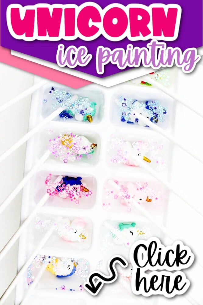overhead image of unicorn ice cubes in a white ice tray.