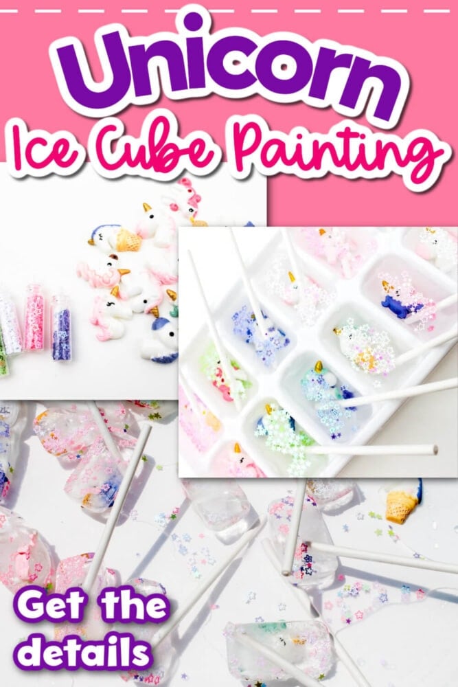 three photos showing how to make a unicorn ice painting activity.