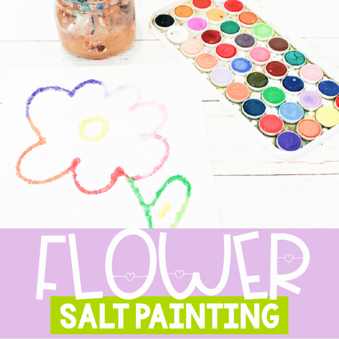 square photo of flower salt painting activity for kids with purple banner across the bottom