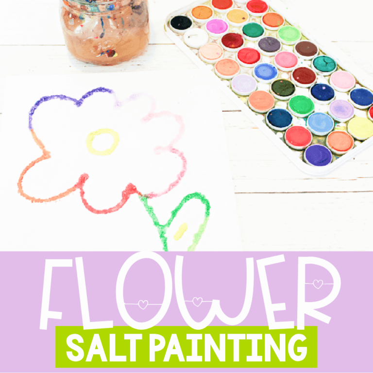 square photo of flower salt painting activity for kids with purple banner across the bottom