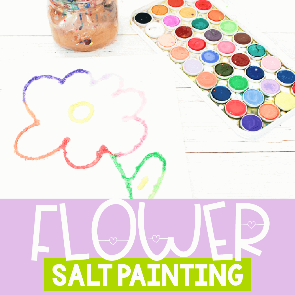 square photo of flower salt painting activity for kids with purple banner across the bottom