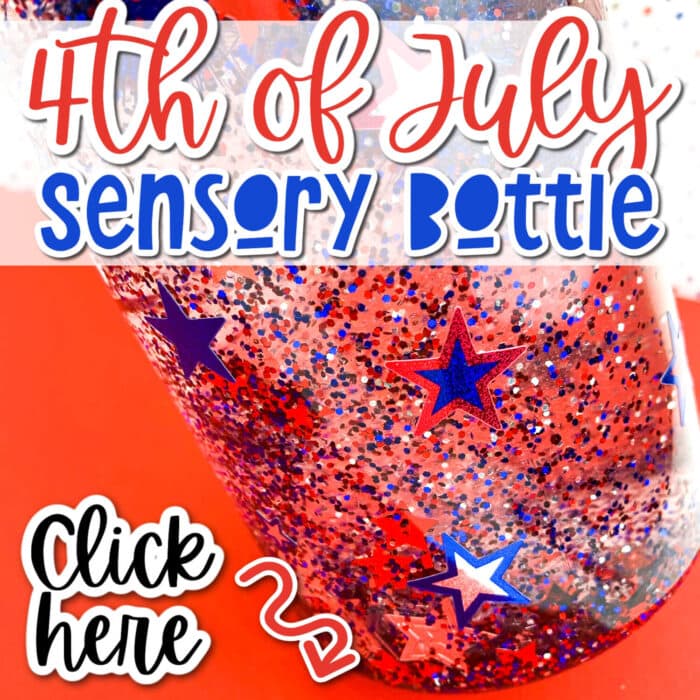 glitter filled red, white and blue sensory bottle for 4th of july on a red background