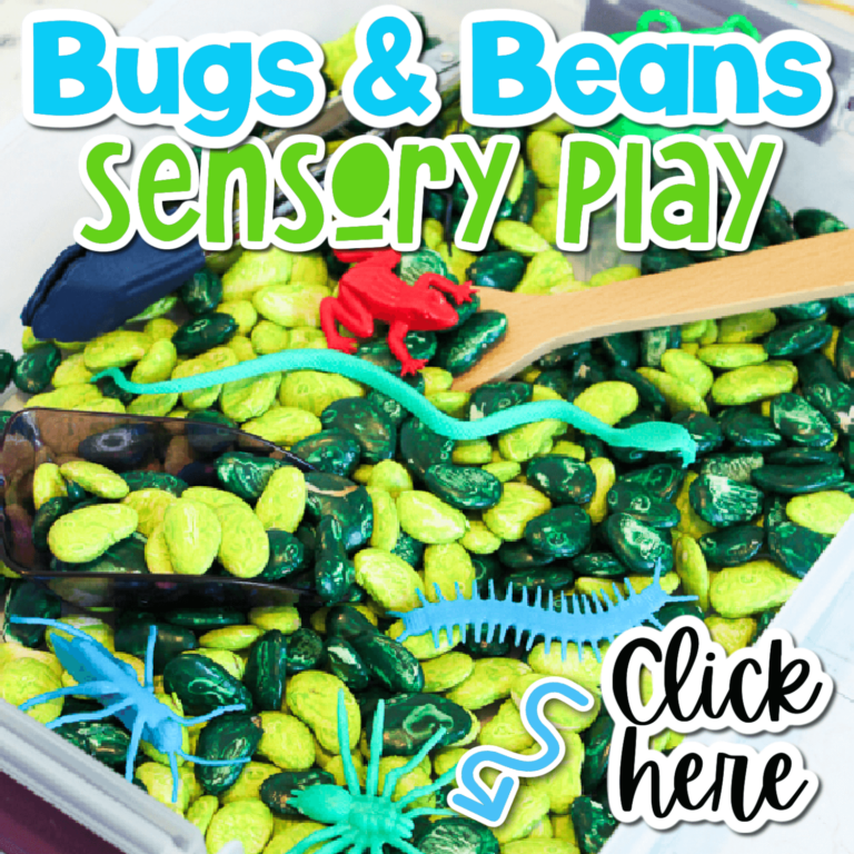 up close image of a bug theme sensory bin made with painted beans and plastic bugs.