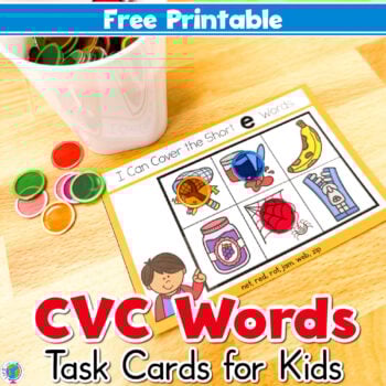 cvc word task can showing 6 cvc word images. text on the card says [i can cover the short e words] text overlay on the photo says [free printable cvc words task cards for kids]