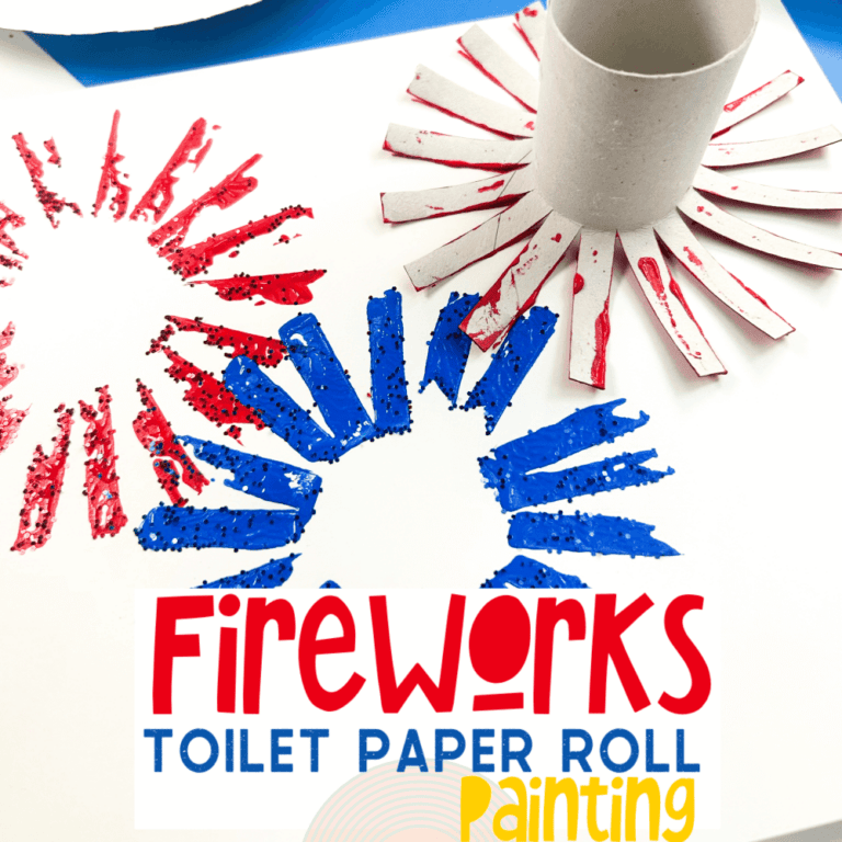 red and blue fireworks process art activity with toilet paper rolls text overlay says [fireworks toilet paper roll painting]