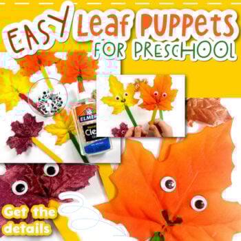 photo collage of steps to make puppets using fall leaves.