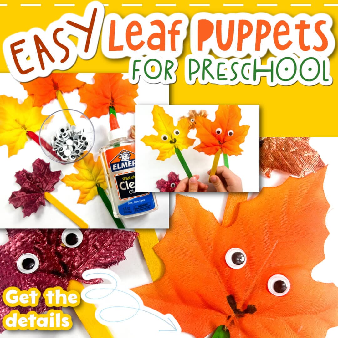 photo collage of steps to make puppets using fall leaves.