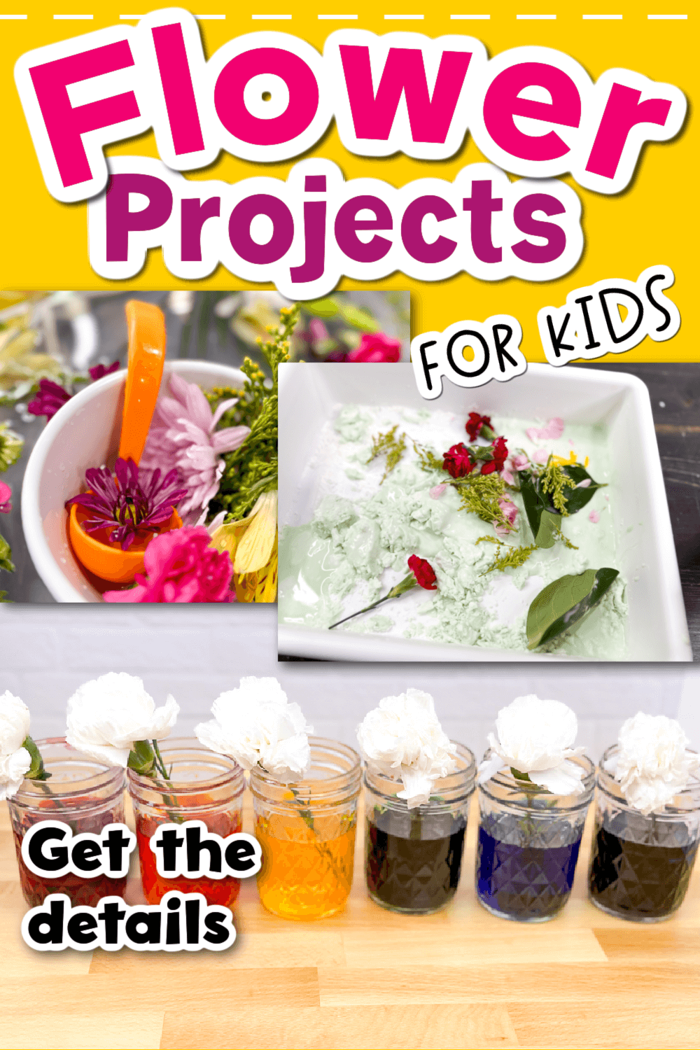 text overlay says [flower projects for kids get the details] collage of flower science and sensory activities