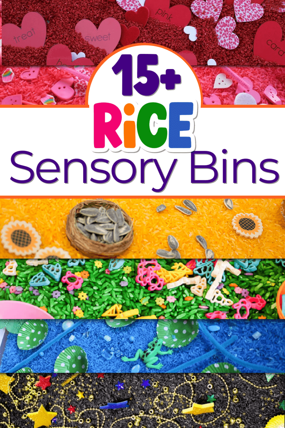 collage of rice sensory bins arranged in rainbow order vertically. text says [15+ rice sensory bins]