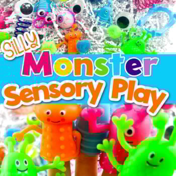photo collage of a silly monster sensory bin for kids.