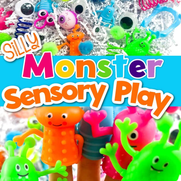 photo collage of a silly monster sensory bin for kids.