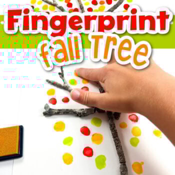 fingerprint tree art project. vertical photo of child pressing index finger into a stamp pad small tree created from broken twigs and fingerprint fall leaves around the twigs to look like a fall tree