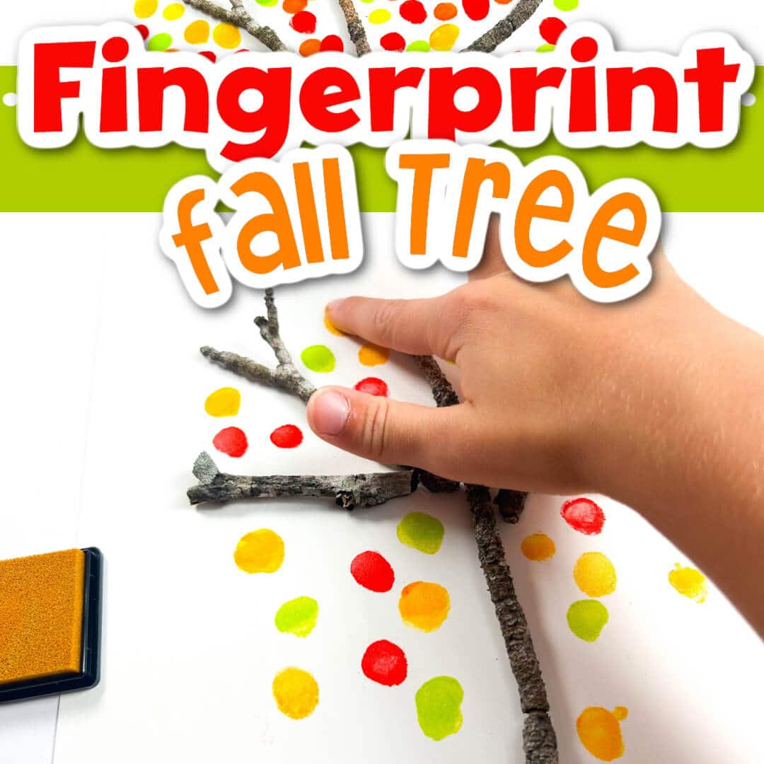 fingerprint tree art project. vertical photo of child pressing index finger into a stamp pad small tree created from broken twigs and fingerprint fall leaves around the twigs to look like a fall tree