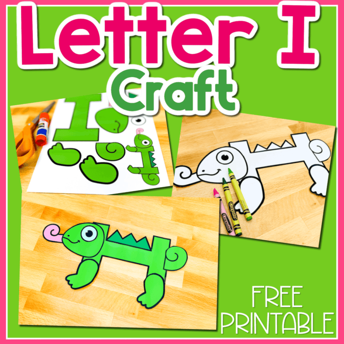 square image with collage of three photos showing the letter i craft: i is for iguana free printable preschool alphabet activity