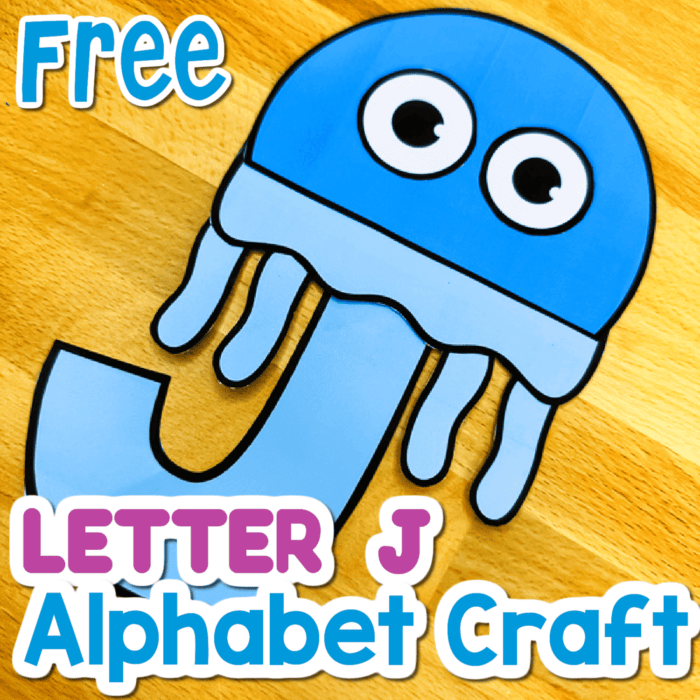 close up photo of a j is for jellyfish letter j alphabet craft with text overlay [free letter j alphabet craft]