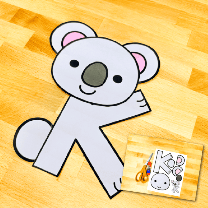 letter k craft for k is for koala alphabet activity shown assembled on a wood tabletop.
