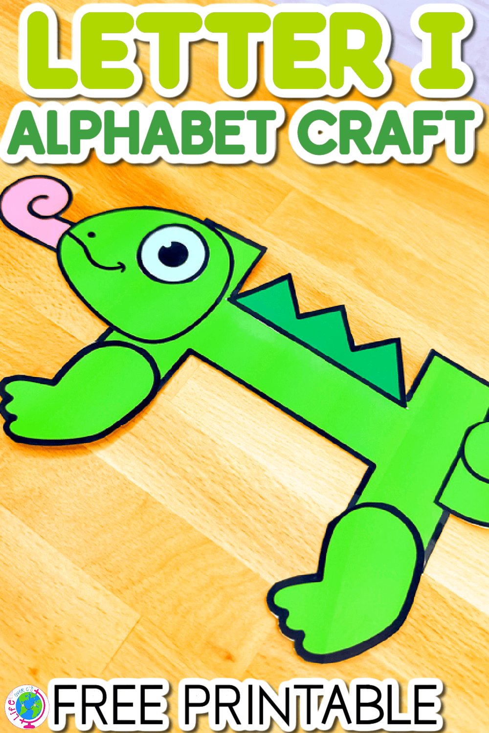 vertical image with close up photo of a green i is for iguana letter i craft alphabet printable for preschool