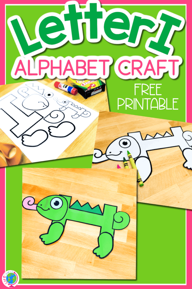 vertical image with collage of three photos showing letter i craft. uppercase letter i is for iguana free printable