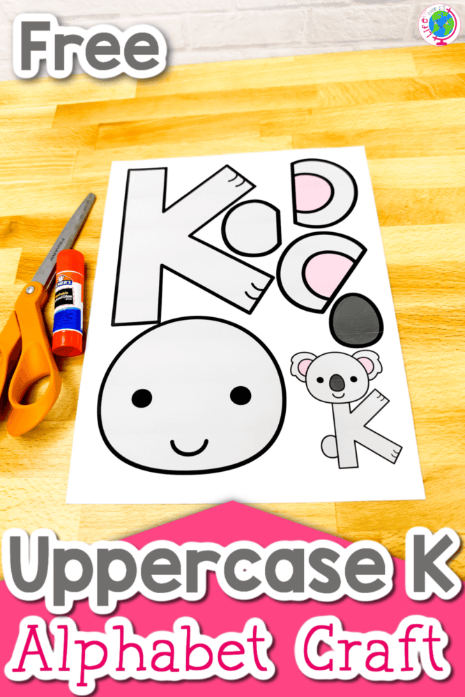 vertical image with photo of k is for koala alphabet craft printed in color text overlay says [ free uppercase k alphabet craft]