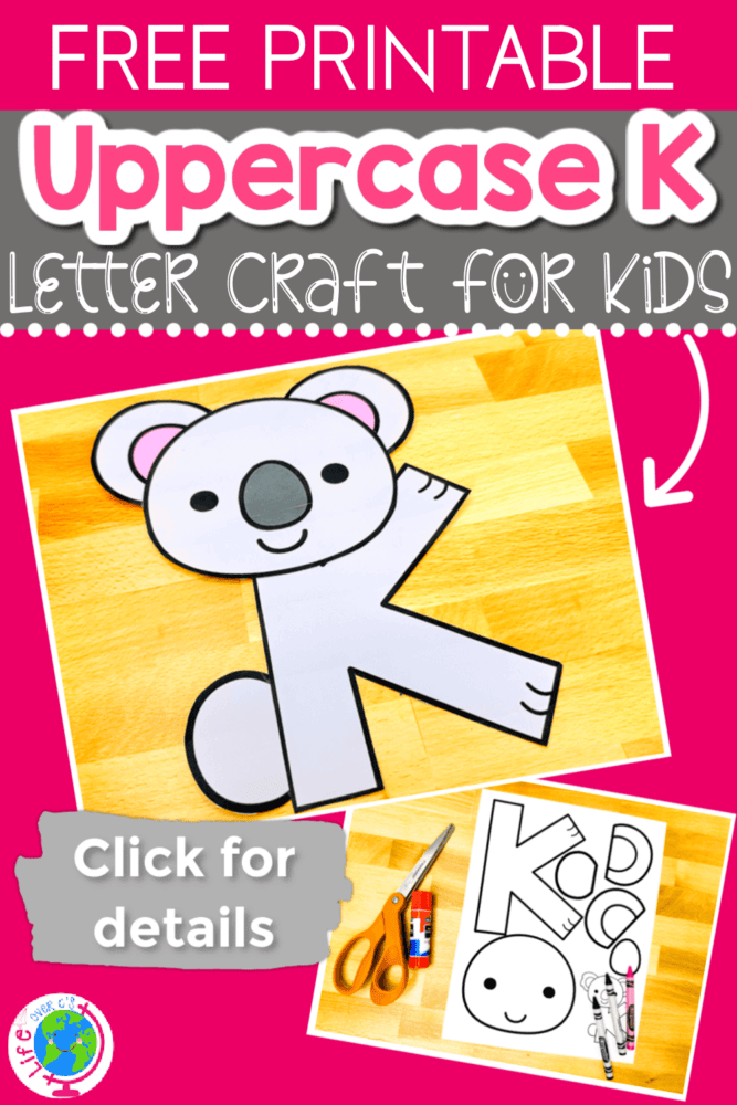 vertical image with collage of two photos showing a letter k craft for preschoolers: k is for koala