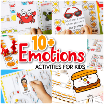 photo collage of six printable emotions activities for kids.