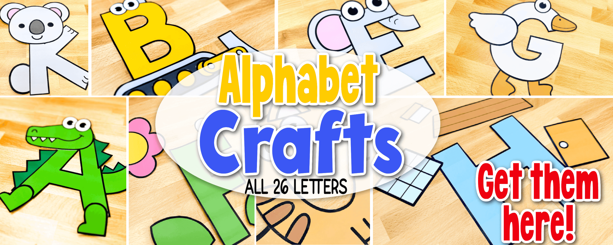 collage of photos of letter crafts text says [alphabet crafts all 26 letters get them here!]