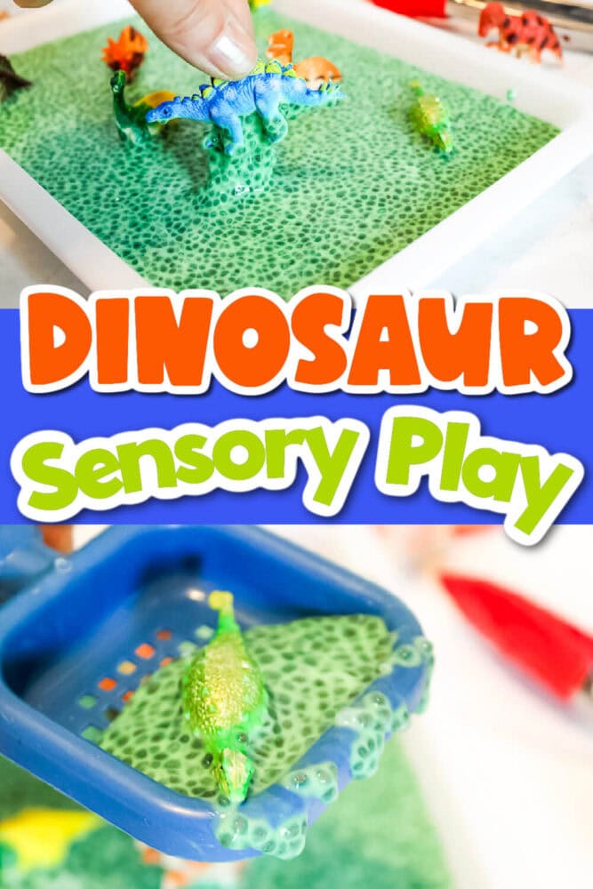 photo collage showing a dinosaur sensory bin made with green chia seed slime & plastic dinosaur toys.