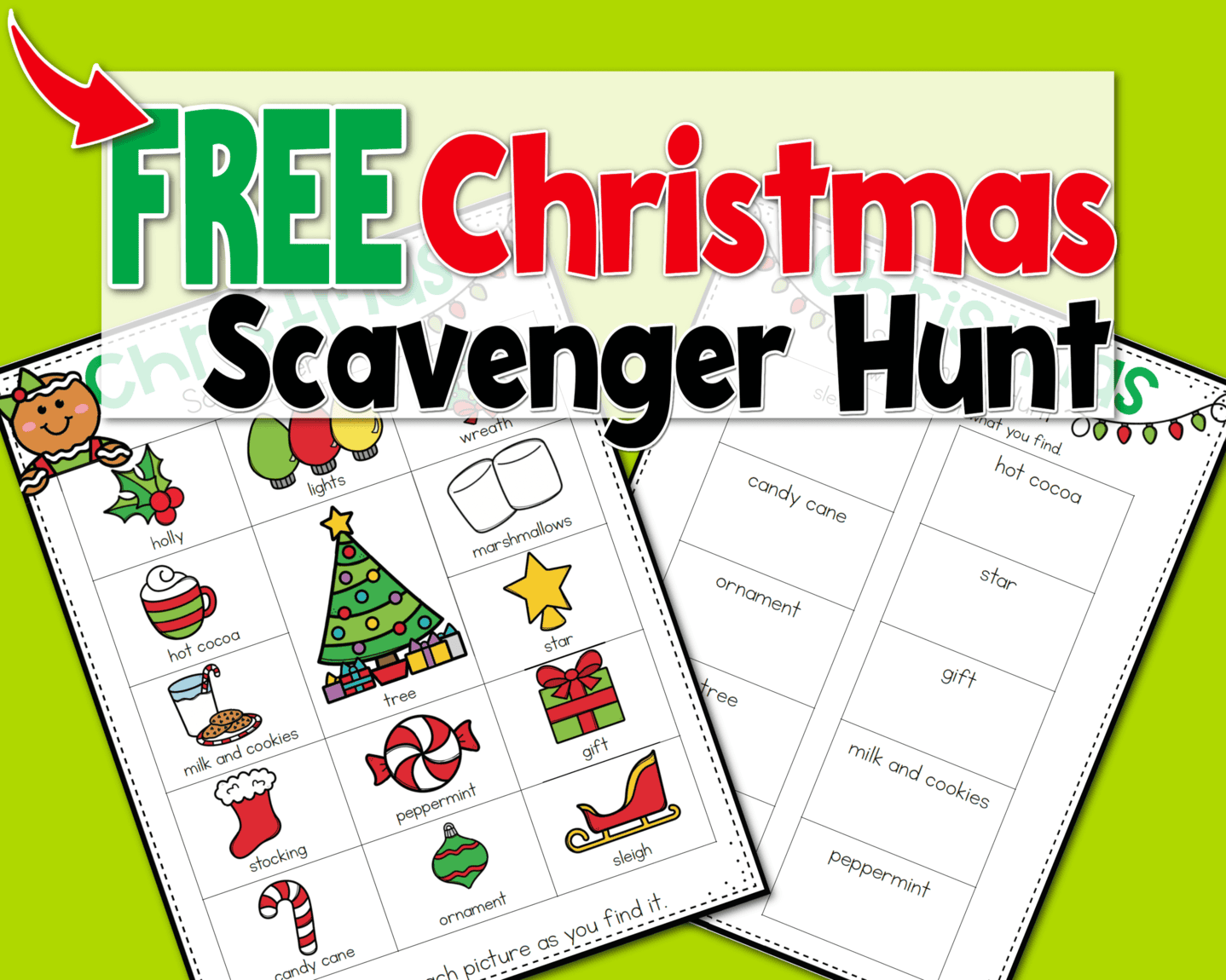 green background text overlay says [free christmas scavenger hunt] screen shot of christmas scavenger hunt pages