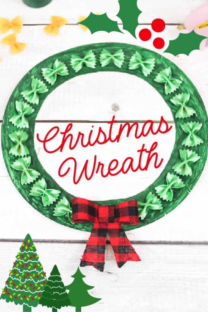 vertical photo with green paper plate christmas wreath with green painted pasta and a red and black checked bow