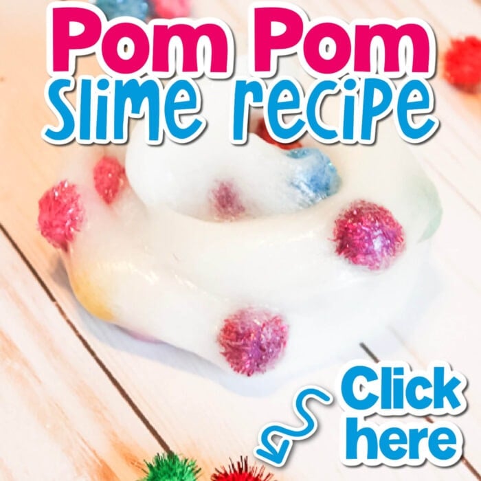 up close image of clear slime made with colorful pom poms.
