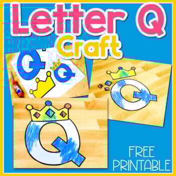 three photos of a printable uppercase letter q craft featuring a jeweled crown to look like a queen.