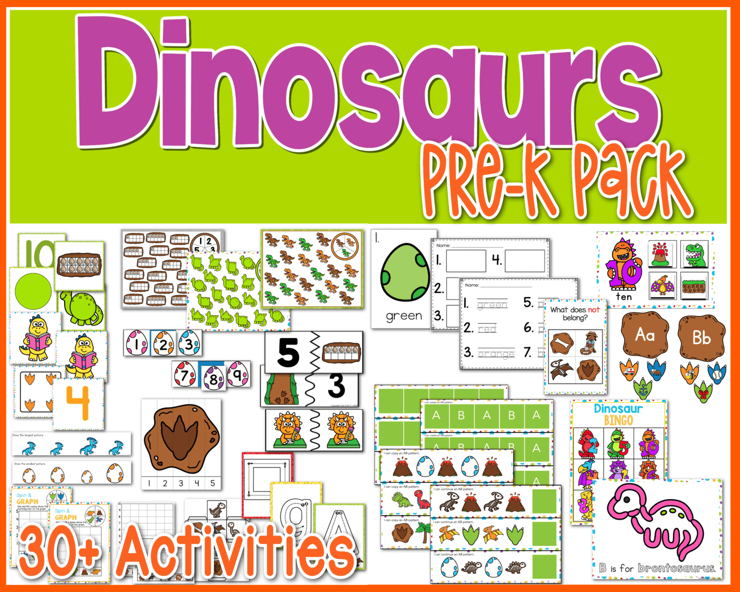 collage of math and literacy activities from the dinosaur pre-k pack on a green background