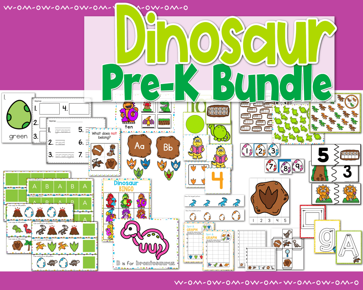 collage of activities from dinosaur prek math and literacy bundle