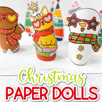 square photo of christmas paper dolls with a gingerbread man, christmas cat and snowman
