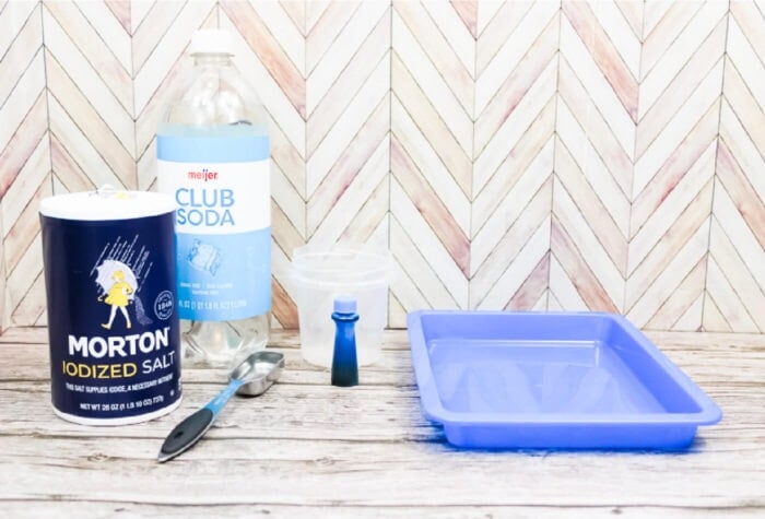 supplies for a salt and soda reaction science experiment: club soda, salt, blue food coloring, measuring spoon, cup and tray