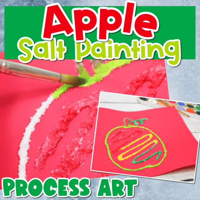 two photos of someone making an apple salt painting art project.