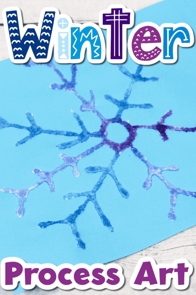 Easy Winter Salt Painting Art Activity for Kids 20 vertical photo of a blue and purple snowflake salt painting.