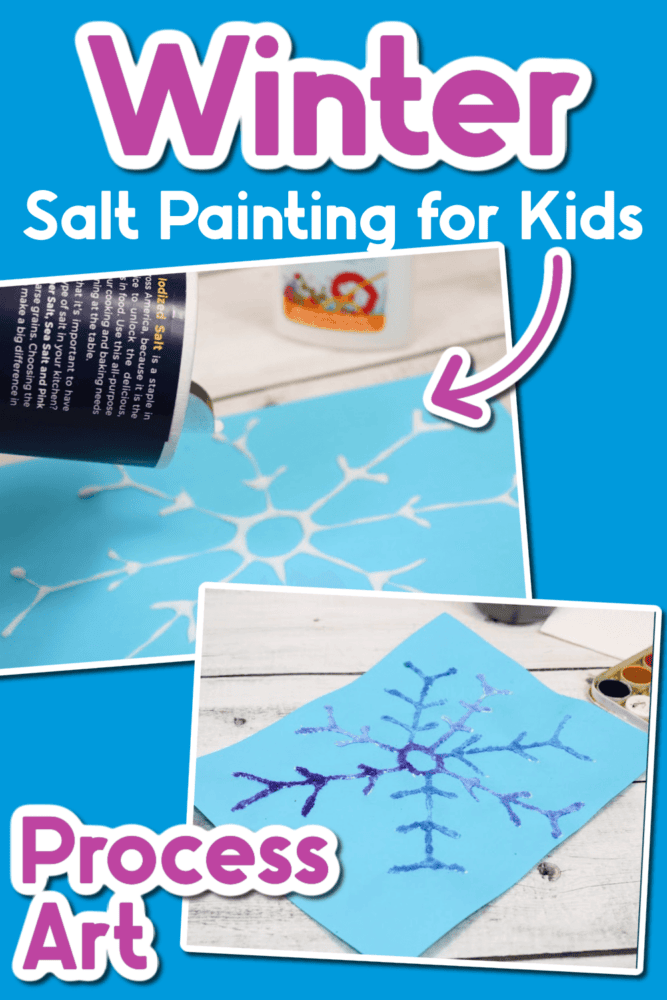 one photo of a finished snowflake salt painting and one photo of someone shaking salt onto a gluey snowflake outline.