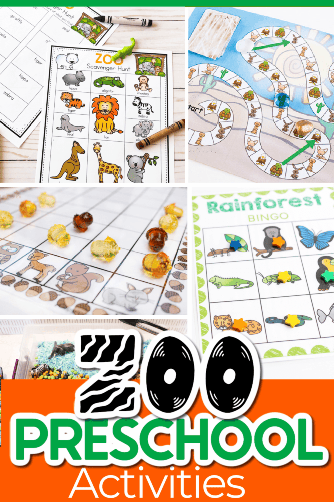 collage of zoo theme preschool printables and activities: zoo scavenger hunt, desert animal board game rainforest animal bingo, safari sensory bin, forest animal graphing