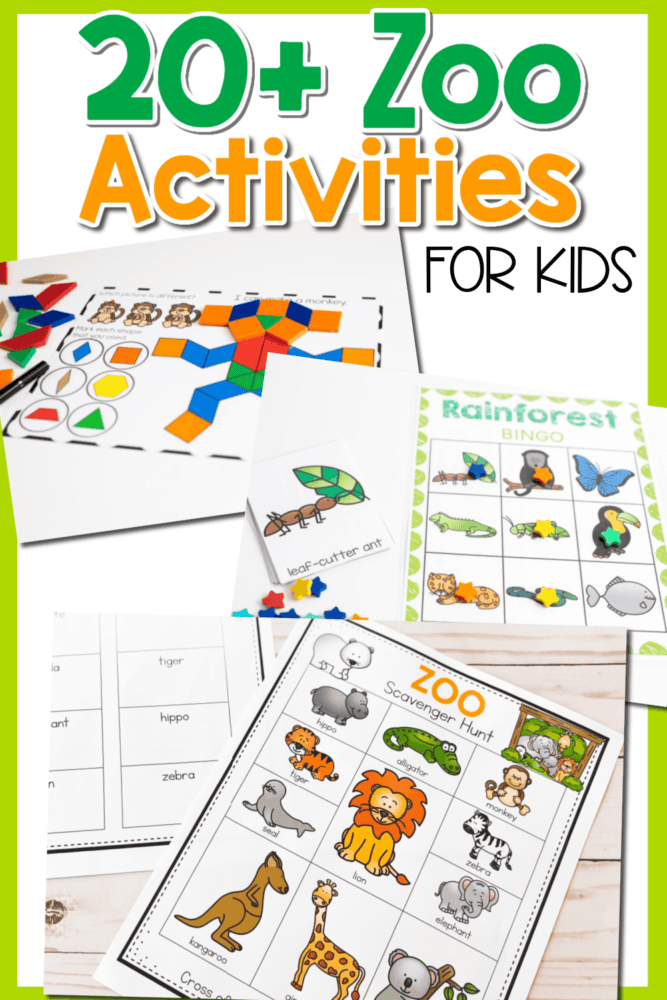 collage showing various printable activities for a zoo theme.