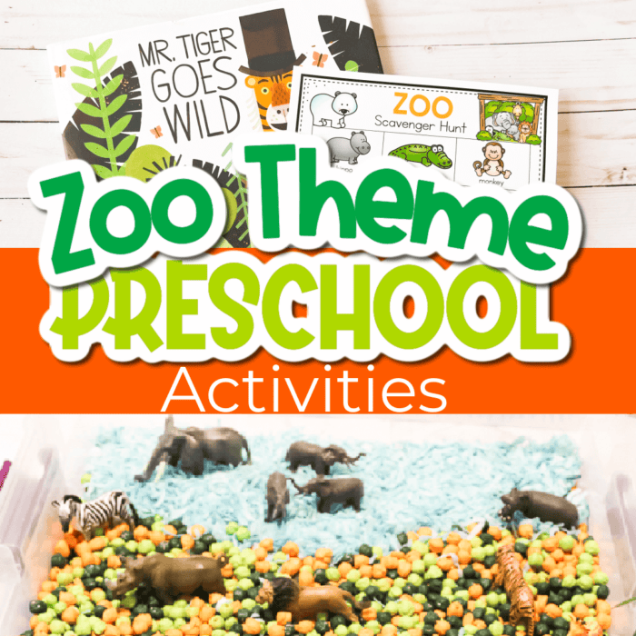 square image with two photos of zoo theme preschool activities top photo shows zoo scavenger hunt and bottom photo shows a safari sensory bin