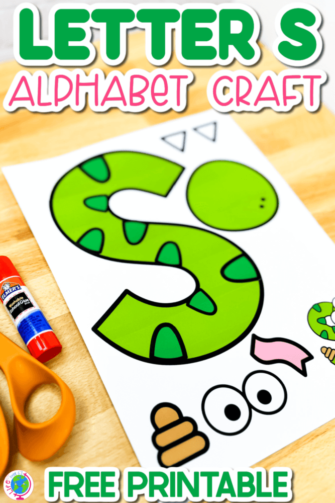 an "s is for snake" free printable craft template next to scissors and glue.