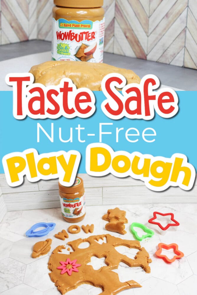 peanut-free edible play dough made with wow butter, rolled out on a tabletop with colorful play dough cutters, perfect for preschool sensory play and allergy-friendly classrooms.