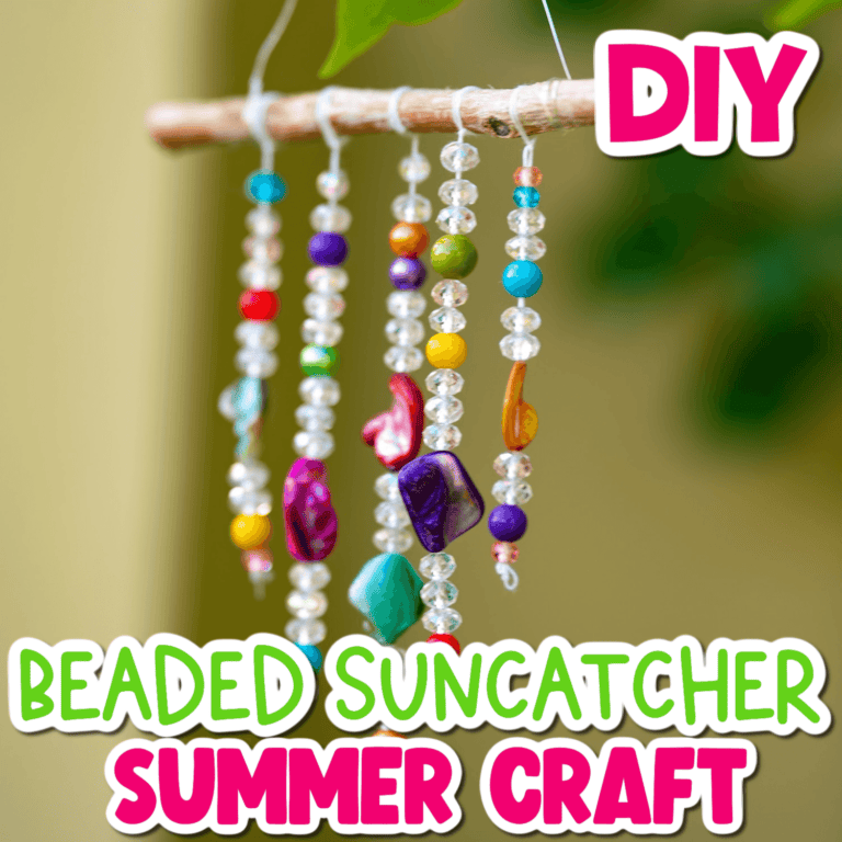 close up image of a suncatcher craft made with colorful beads, string, and a stick.
