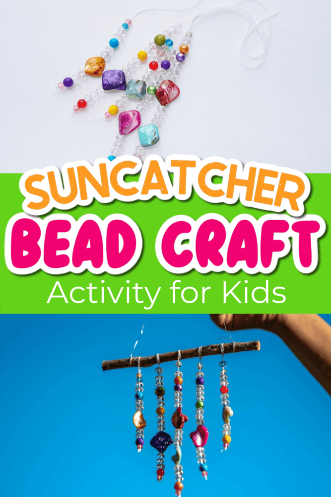 photo collage of a colorful diy suncatcher made with beads and string.