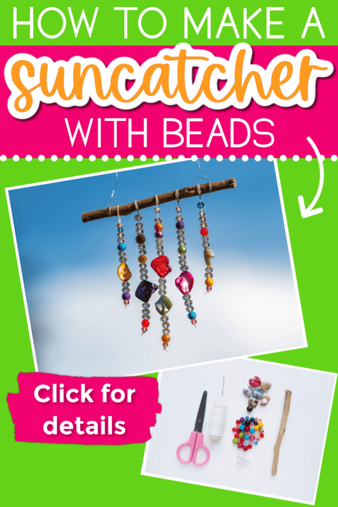two photos of a beaded suncatcher craft for kids.