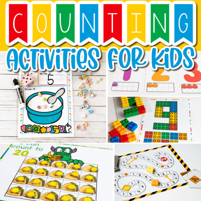 collage of playful preschool math ideas featuring a duplo® block counting mat, board game, dragons love tacos counting grid, play dough ten-frame activity, and cereal dice game.